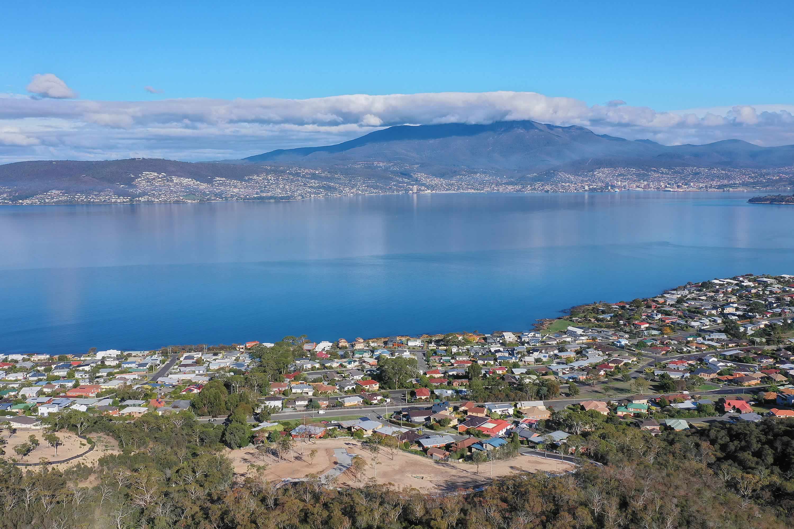 View from Tunah Street looking west towards the Hobart city centre, Sandy Bay, and kunanyi / Mount Wellington. Photo: Owen Fielding.